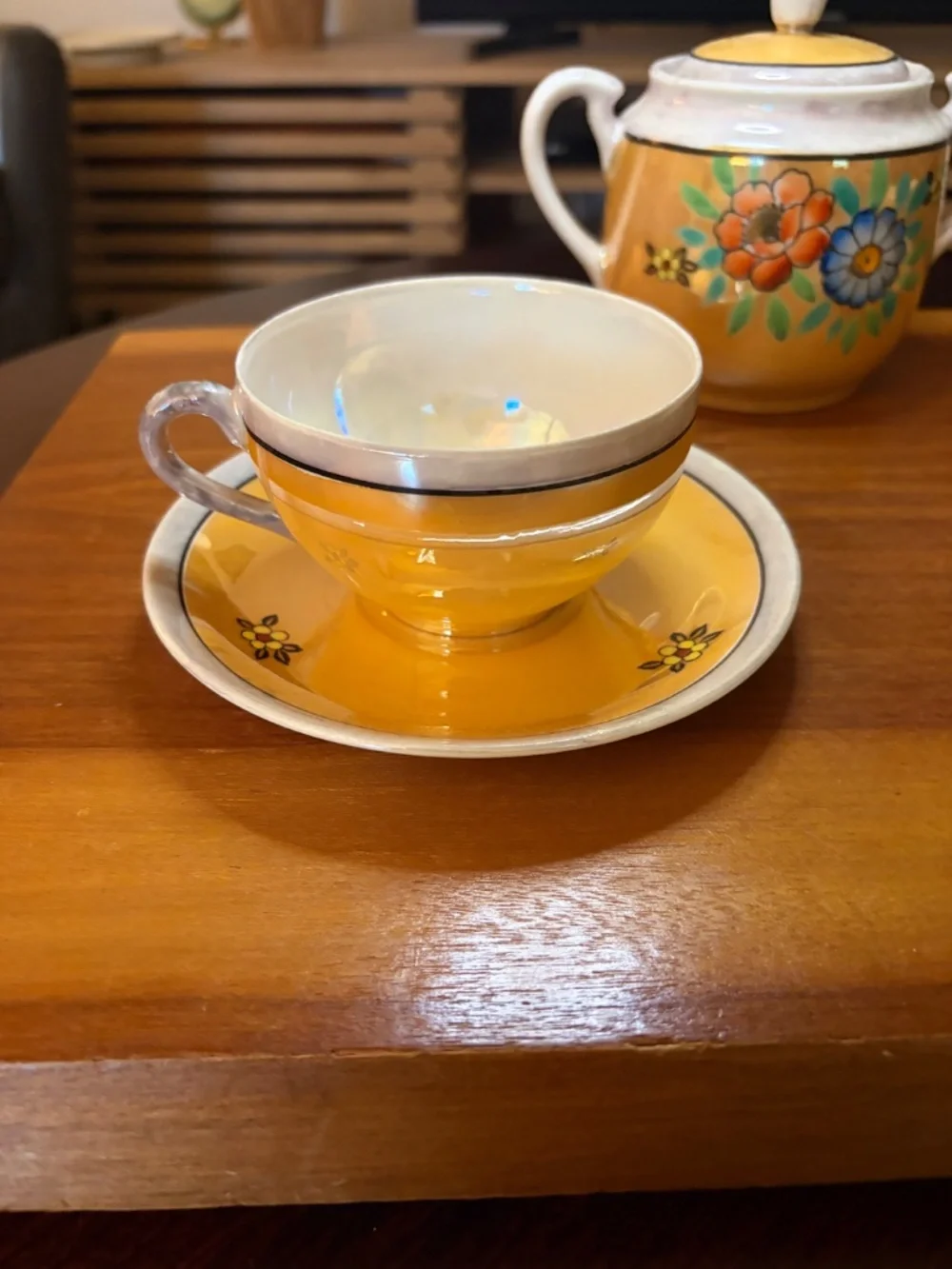 Vintage (1921-41) Japanese Lusterware Porcelain Sugar Bowl with 2 Cups & Saucers